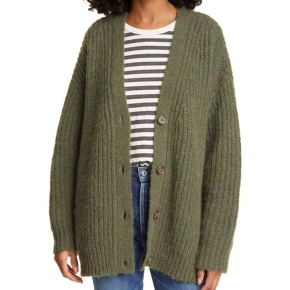 Jenni Kayne Green V-Neck Oversized Cocoon Cardigan Rib-knit Alpaca Sweater M